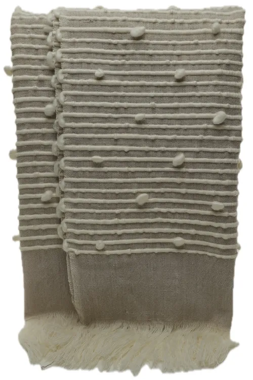 White & Taupe Cotton Ball Tuff Throw Blanket With Fringe Trim