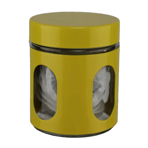 Yellow Metal & Clear Glass Canister Containing Tea Bags