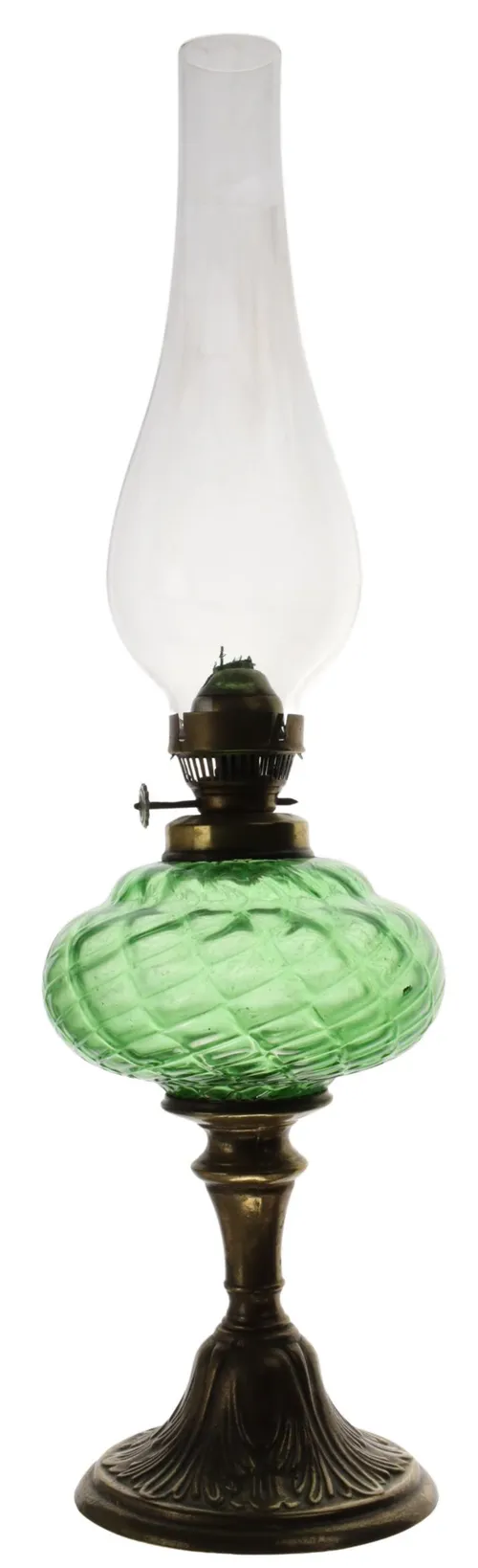 Antique Green Glass Oil Lamp With Ornate Brass Base