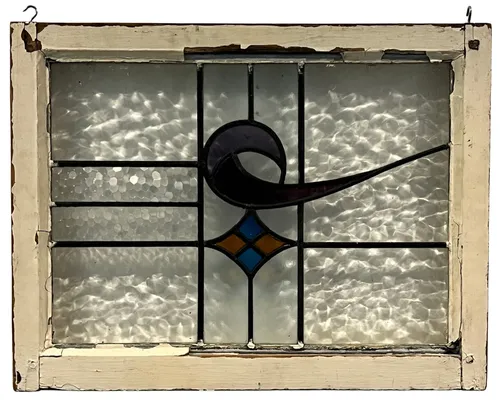 Stained Glass Window Panel In Aged White Wood Frame