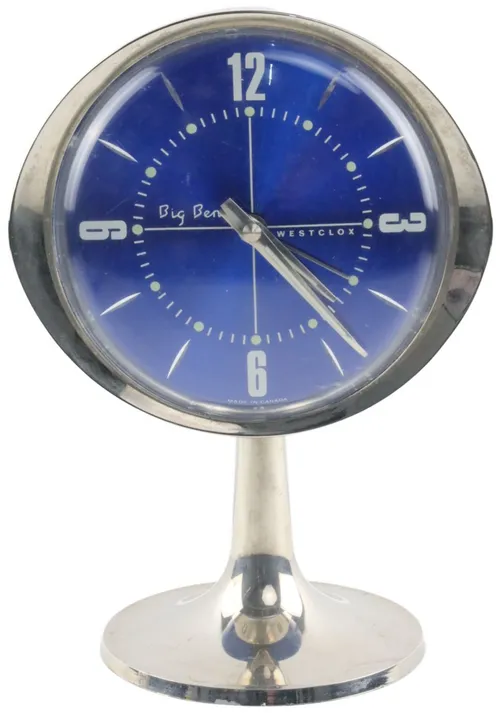 Chrome & Blue Alarm Clock On Pedestal Base