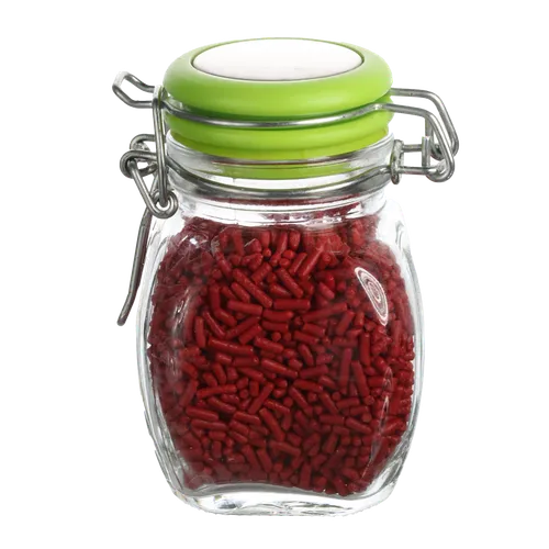 Clear Glass Canister With Chartreuse Green Lid With Red Baking Sprinkles