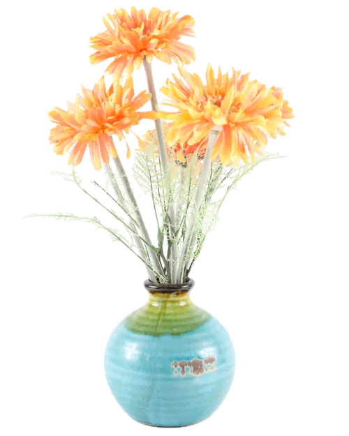 Artificial Orange Daisy In Turquoise Ceramic Vase