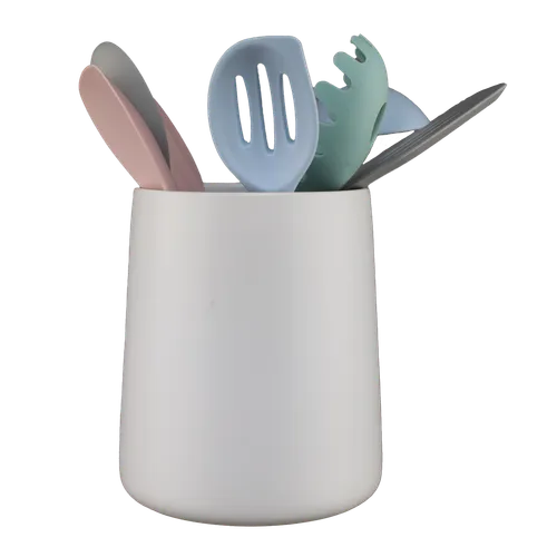 White Ceramic Utensil Holder With 7 Pastel Utensils