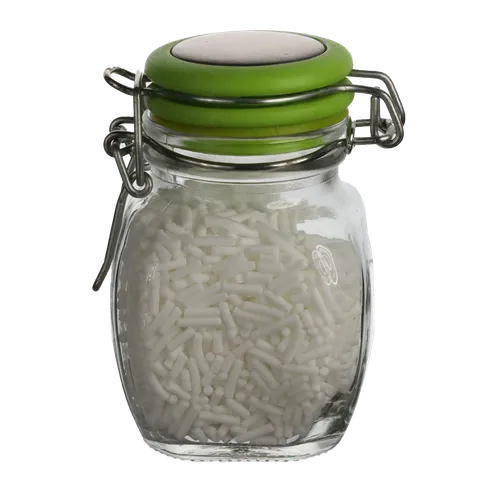 Clear Glass Canister With Chartreuse Green Lid With White Baking Sprinkles