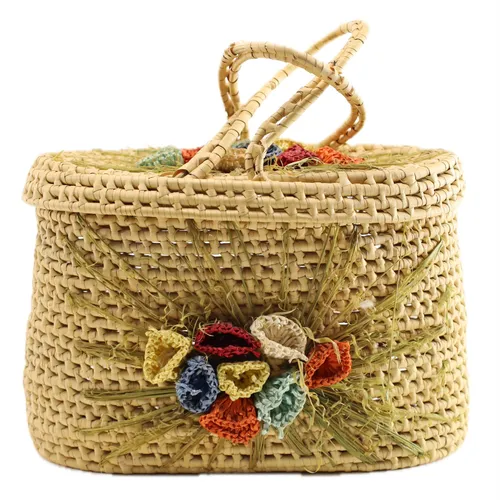 Natural Dried Reed Basket With Lid & Decorative Flowers