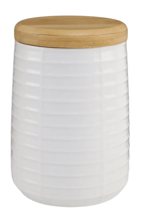 White Ceramic Patterned Canister With Wood Lid
