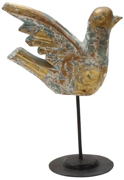 Distressed Gold & Green Wood Bird On Stand
