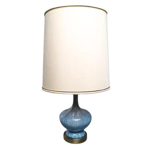Vintage Cerulean Frost Blue Table Lamp With Sandy Cloth Shade
