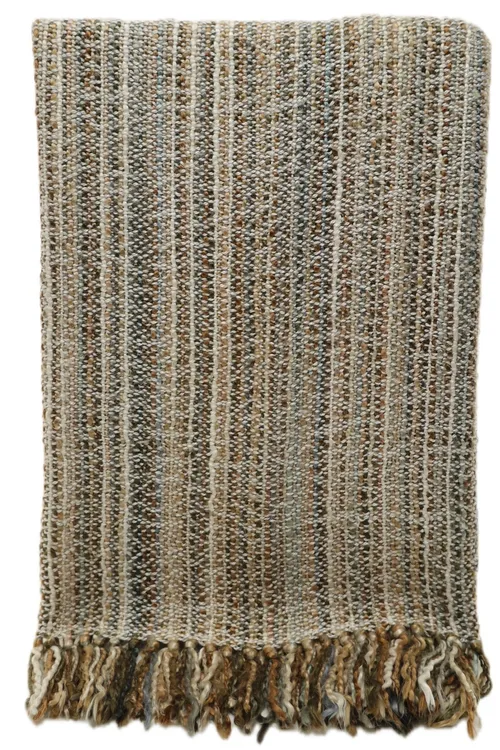 Chenille Taupe & Brown & Grey Striped Throw Blanket With Fringe Trim