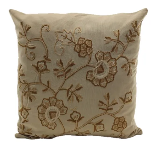 Beige Embroidered Floral Throw Pillow