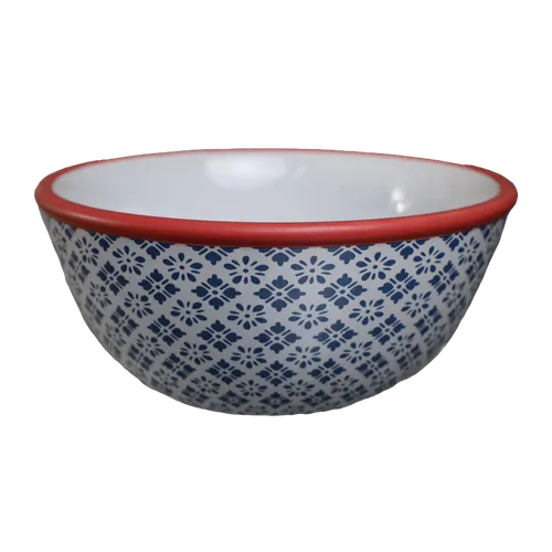 White & Blue Flowers With Red Rim Serving Bowl