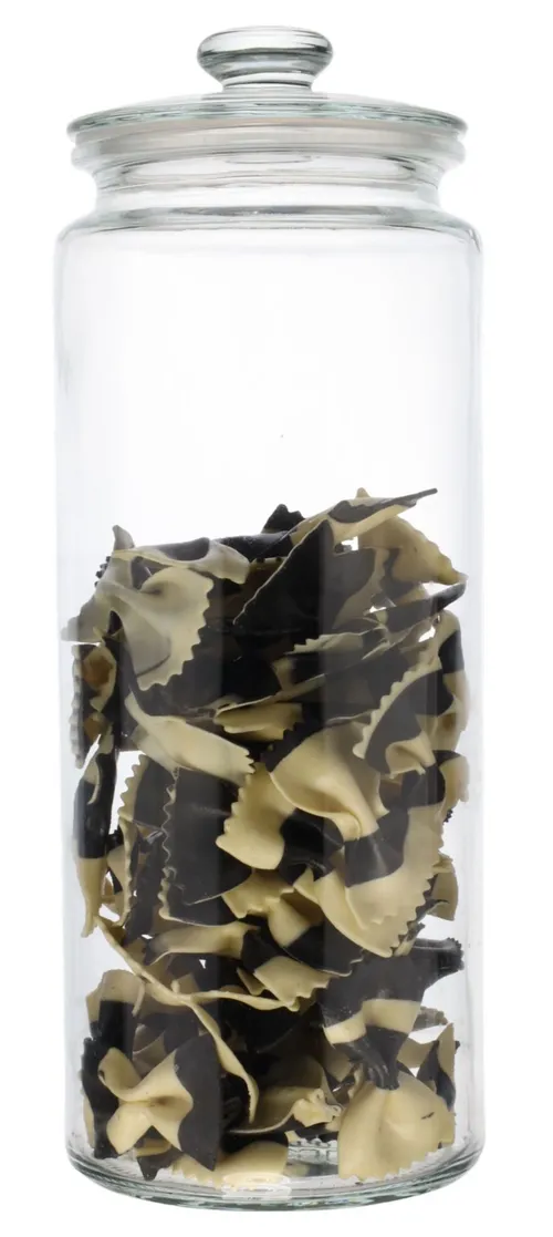 Clear Glass Canister With Lid Containing Black & White Pasta
