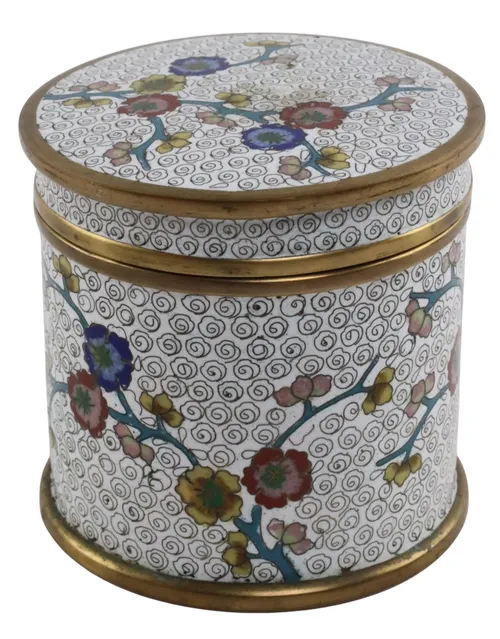 Enamelled Floral Pattern Round Box With Lid