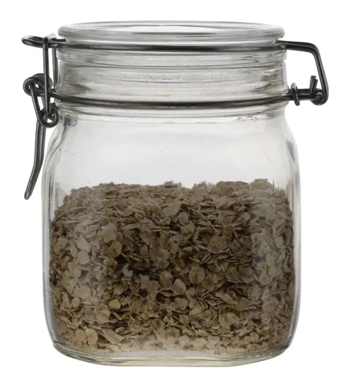 Clear Glass Canister With Hinged Lid With Oats