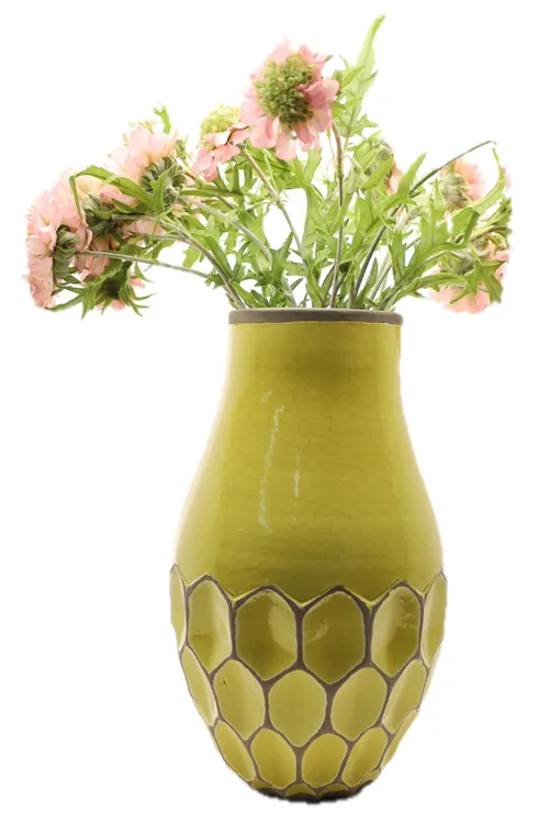 Artificial Pink Persian Buttercups In Goldenrod Yellow Honeycomb Ceramic Vase
