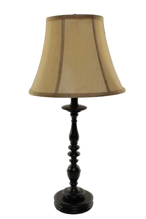 Bronze Lathed Column Table Lamp With Cream Silk Bell Shade