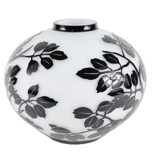 Black Leaves On Milk Glass Globe Vase - Small