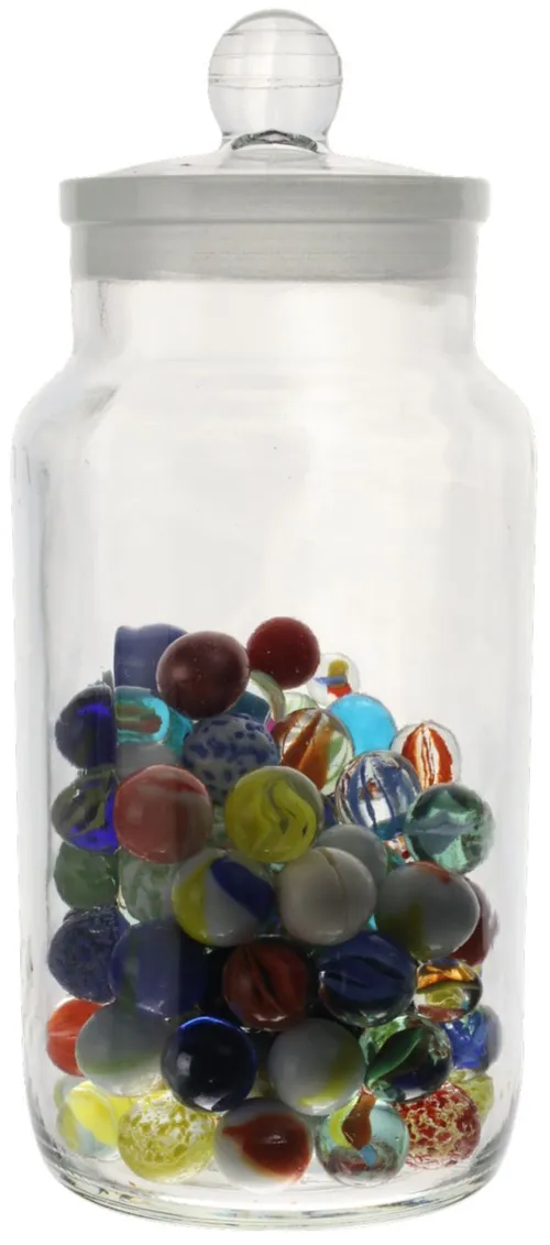 Clear Glass Container With Lid Containing Marbles