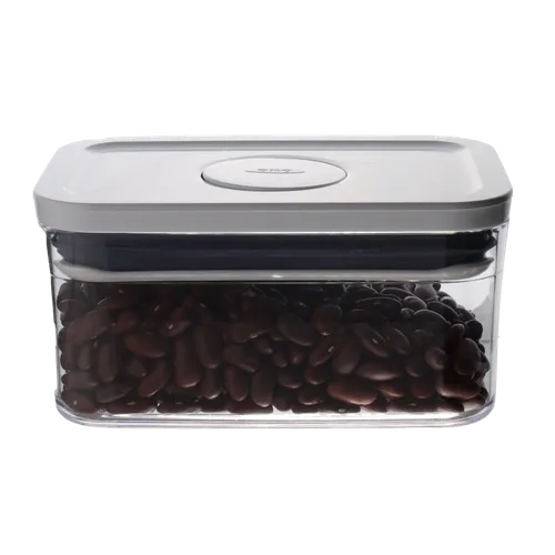 Clear Rectangular Pop Top Low Profile Storage Container With White Lid Containing Kidney Beans