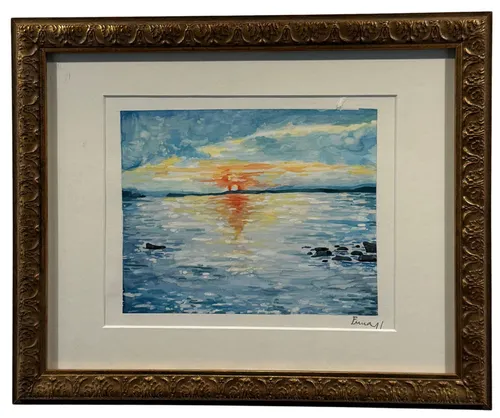 Sunset Waterscape Painting In Ornate Gold Frame