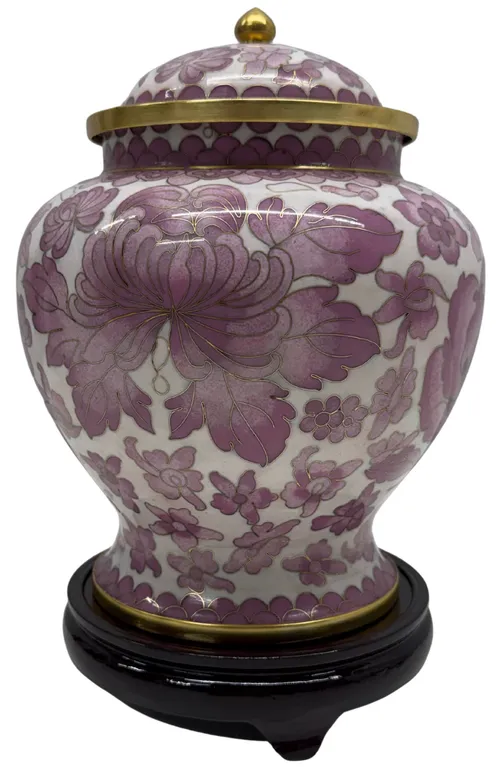 Pink Enamel Floral Urn On Wood Pedestal Base