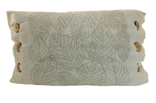 Cream With Green Outlined Leaves & Large Wood Buttons Throw Pillow