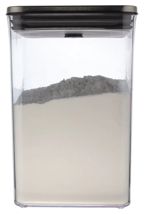 Clear Tall Rectangular Pop Top Low Profile Storage Container With Brushed Metal Lid Containing Flour