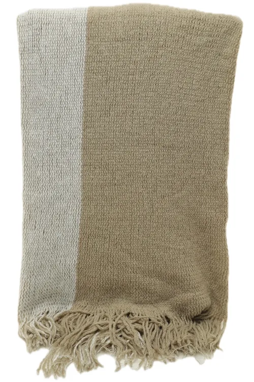 Taupe & White Throw Blanket With Fringe Trim