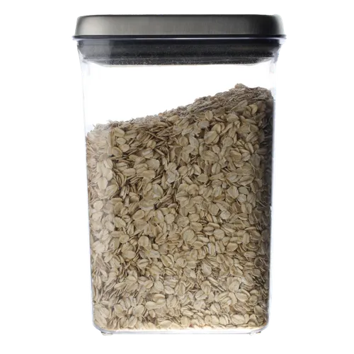 Clear Rectangular  Pop Top Storage Container With Brushed Metal Lid Containing Oats