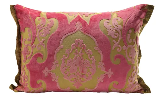 Velvet Damask Pink & Gold & Striped Back Throw Pillow