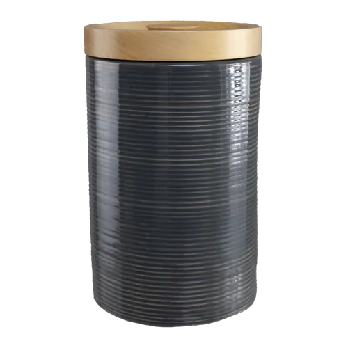 Ribbed Corporate Grey Ceramic Canister With Wood Lid