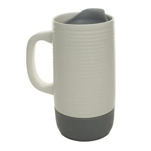 White Ribbed Ceramic & Grey Silicone Bottom Travel Mug