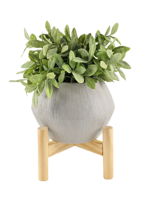 Artificial ZZ Plant In Grey Goblet Ceramic Pot On Wood Base