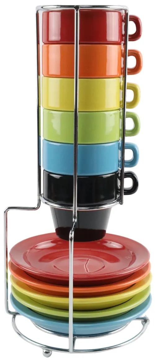 Multicolour Espresso Mugs & Saucers In Chrome Holder