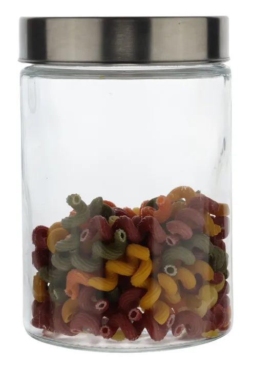 Clear Glass Canister With Silver Lid With Colourful Pasta
