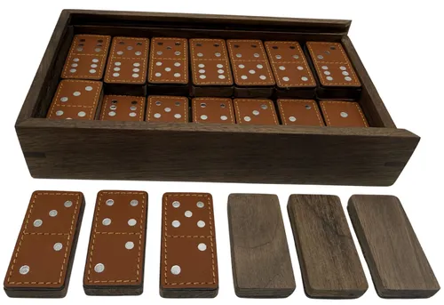 Orange Leather & Wood Dominoes Set In Matching Box