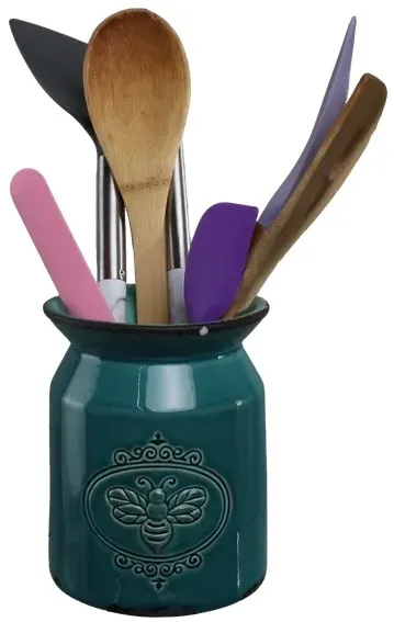 Teal Honey Bee Ceramic Utensil Holder With 7 Utensils