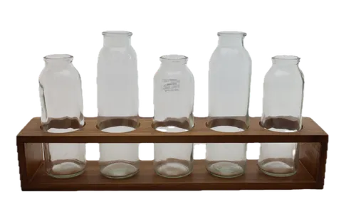 Five Mini Clear Glass Milk Jug Vases In Wooden Holder