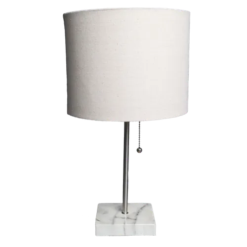 White Carrera Marble Base With Chrome Stem Table Lamp With Flecked Cream Shade
