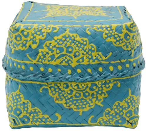Turquoise & Yellow Rattan Box With Lid