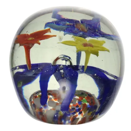 Clear Glass Paperweight With Primary Flowers
