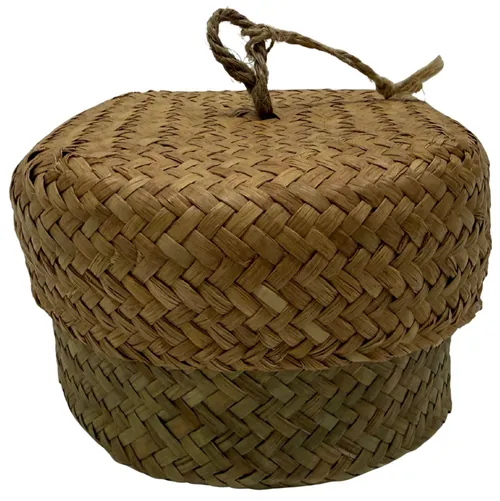 Natural Rattan Woven Basket With Green Glass Candle 