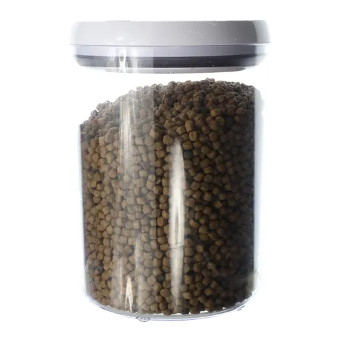 Clear Round Pop Top Storage Container With White Lid Containing Cat Pellet Food