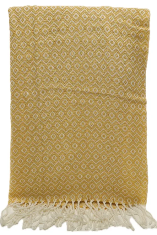 Harvest Gold & White Diamond Pattern Throw Blanket With Fringe Trim