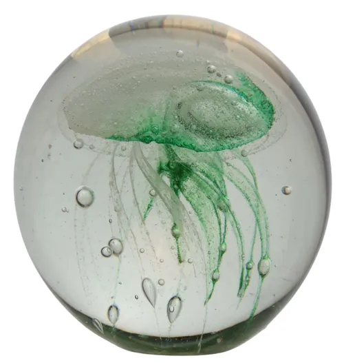 Blown Glass Paperweight With Green Jellyfish