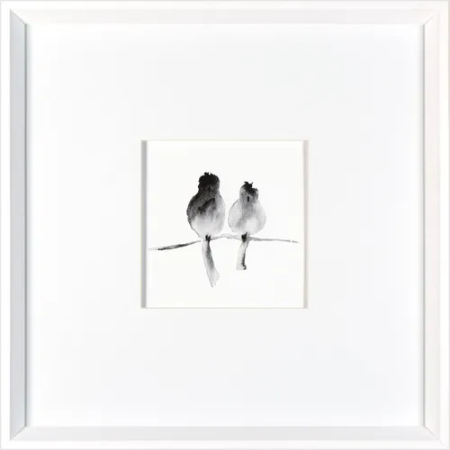 Bird Branch Black & White On Paper With White Frame