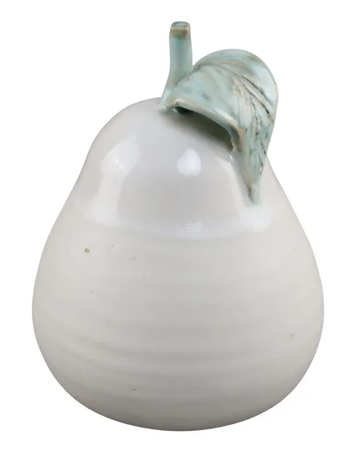 White Glazed Ceramic Pear With Green Leaf