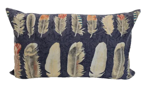 Indigo Blue & Colourful Cream Feathers Throw Pillow With Two Toned Blue Diamond Back