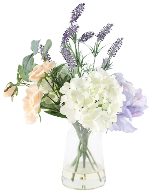Artificial Floral Bouquet In Clear Glass Vase